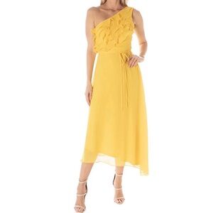 Maison Tara One-Shoulder Ruffle Midi Dress in Bright Yellow